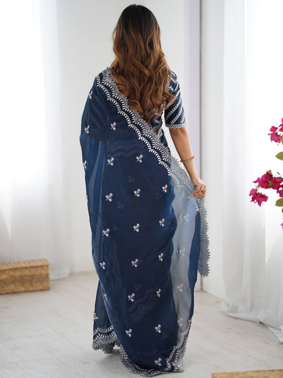 Navy Blue Georgette Saree with White Embroidery and Scalloped Borders