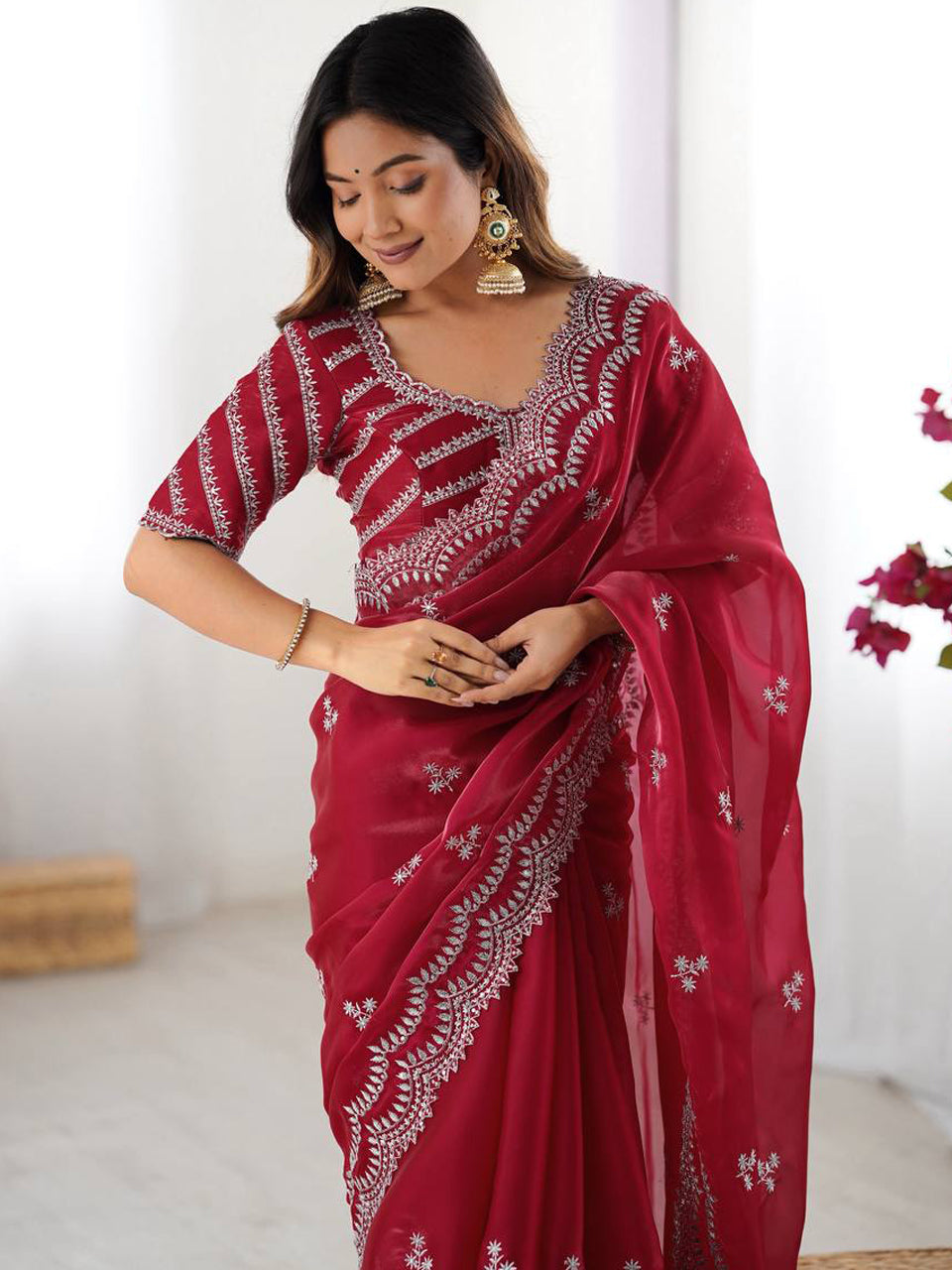 Deep Red Georgette Saree with White Embroidery and Scalloped Borders