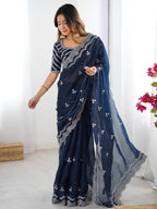 Navy Blue Georgette Saree with White Embroidery and Scalloped Borders