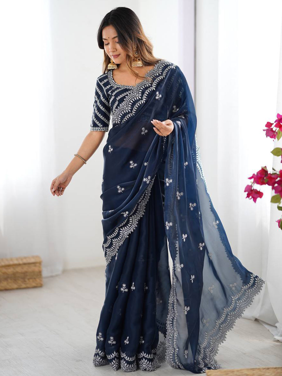 Navy Blue Georgette Saree with White Embroidery and Scalloped Borders