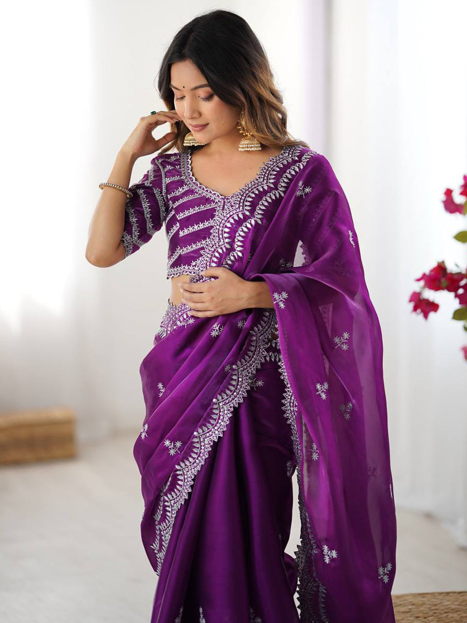 Wine Georgette Saree with White Embroidery and Scalloped Borders