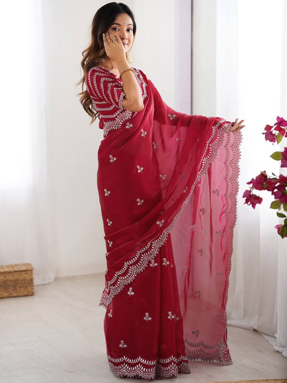 Deep Red Georgette Saree with White Embroidery and Scalloped Borders