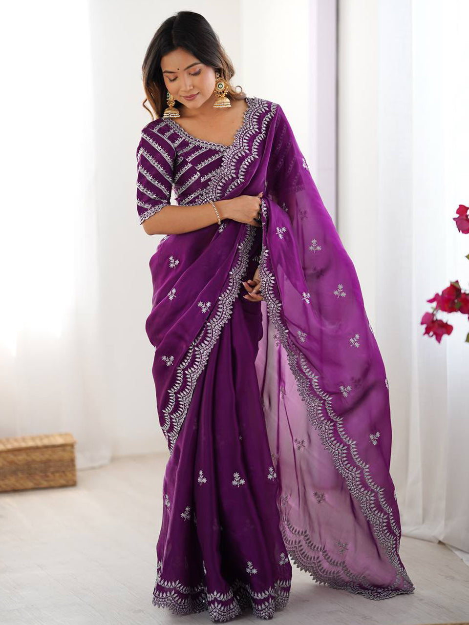 Wine Georgette Saree with White Embroidery and Scalloped Borders