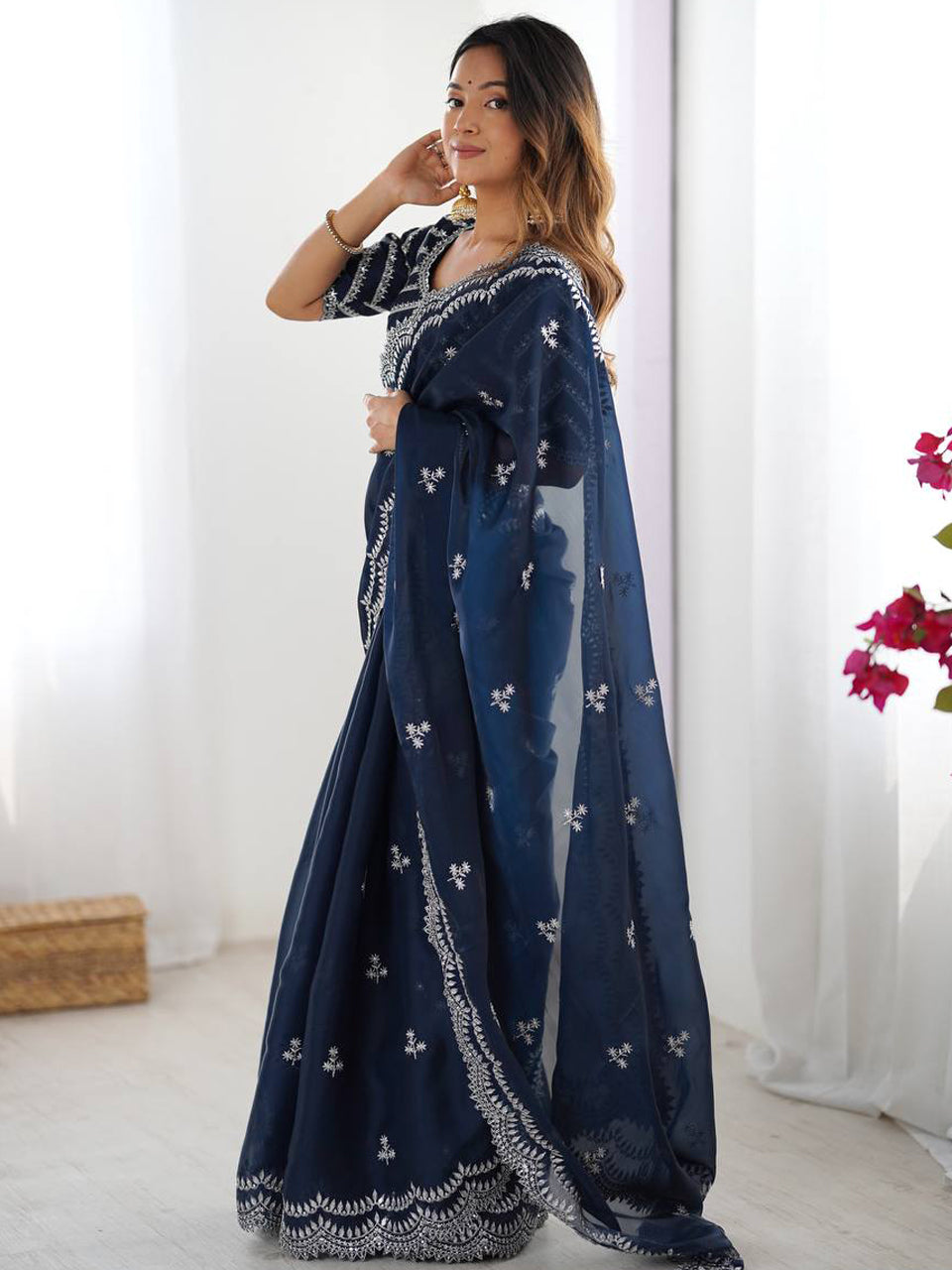 Navy Blue Georgette Saree with White Embroidery and Scalloped Borders