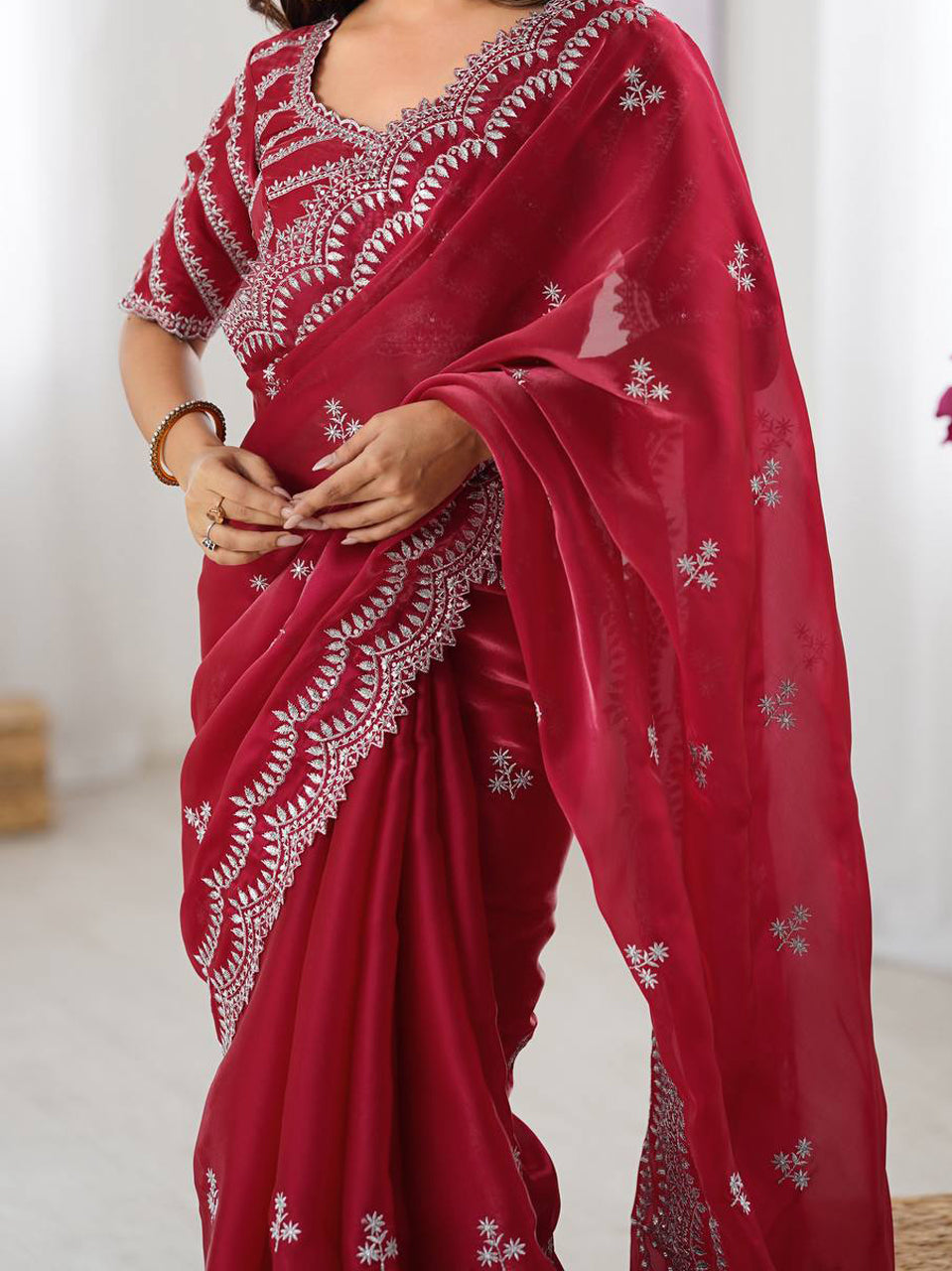 Deep Red Georgette Saree with White Embroidery and Scalloped Borders