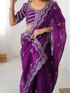 Wine Georgette Saree with White Embroidery and Scalloped Borders