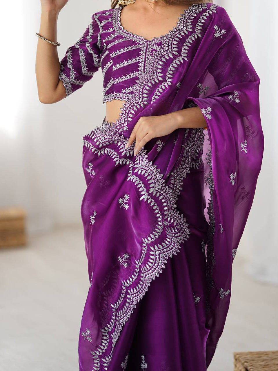 Wine Georgette Saree with White Embroidery and Scalloped Borders