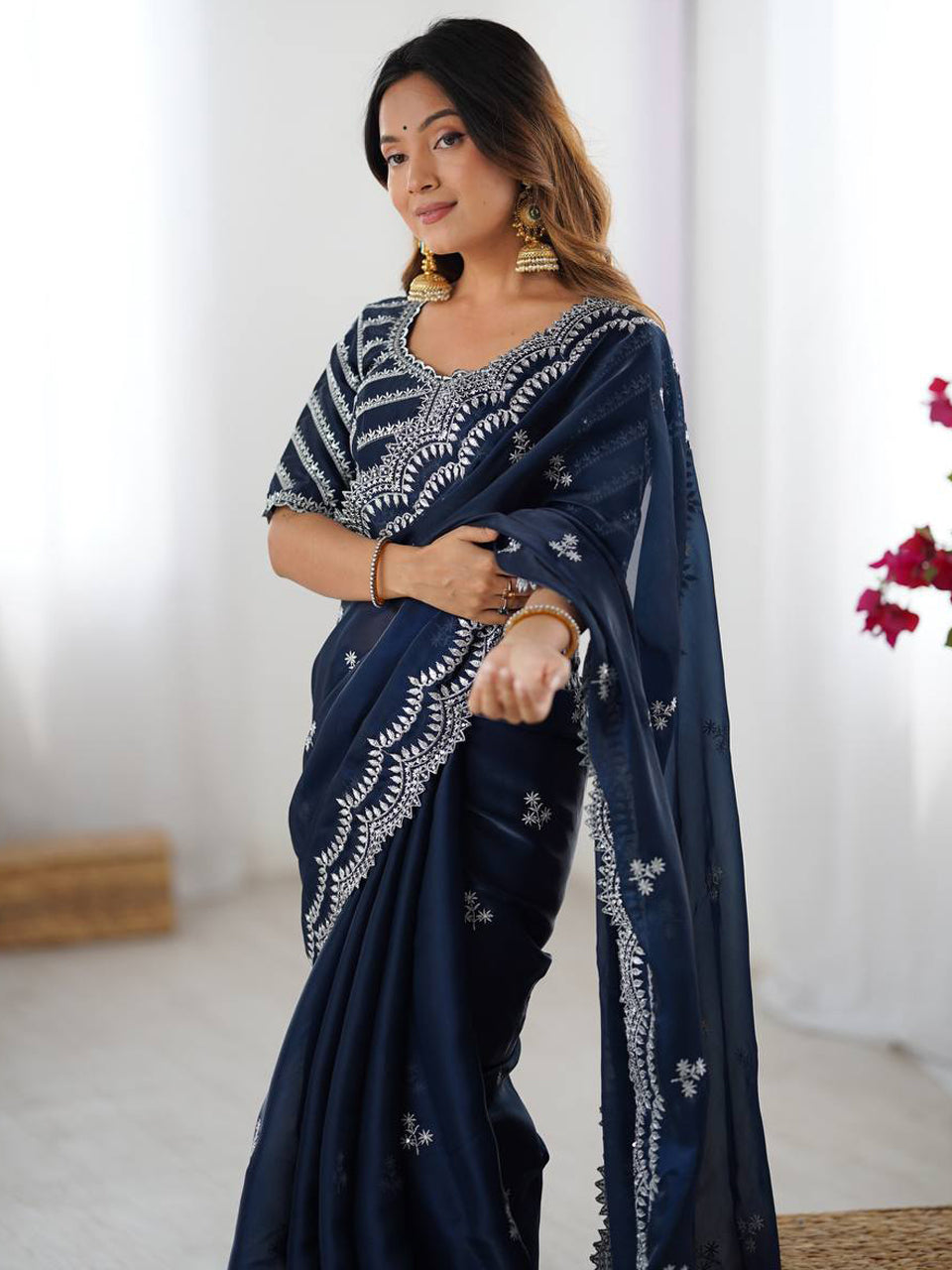 Navy Blue Georgette Saree with White Embroidery and Scalloped Borders