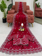Deep Red Georgette Saree with White Embroidery and Scalloped Borders