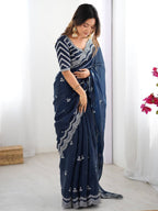 Navy Blue Georgette Saree with White Embroidery and Scalloped Borders