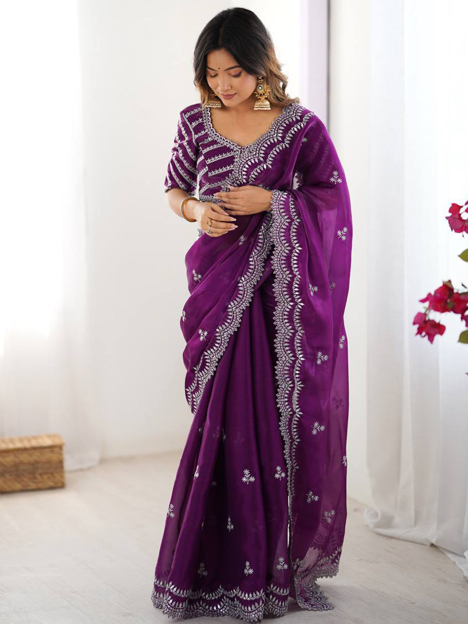 Wine Georgette Saree with White Embroidery and Scalloped Borders