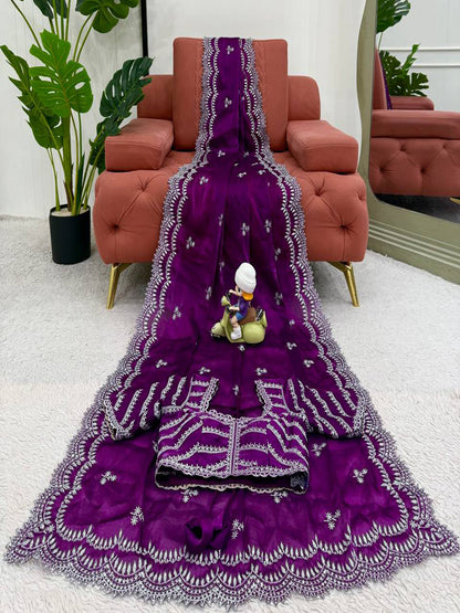 Wine Embroidered Saree With Unstiched Blouse Piece