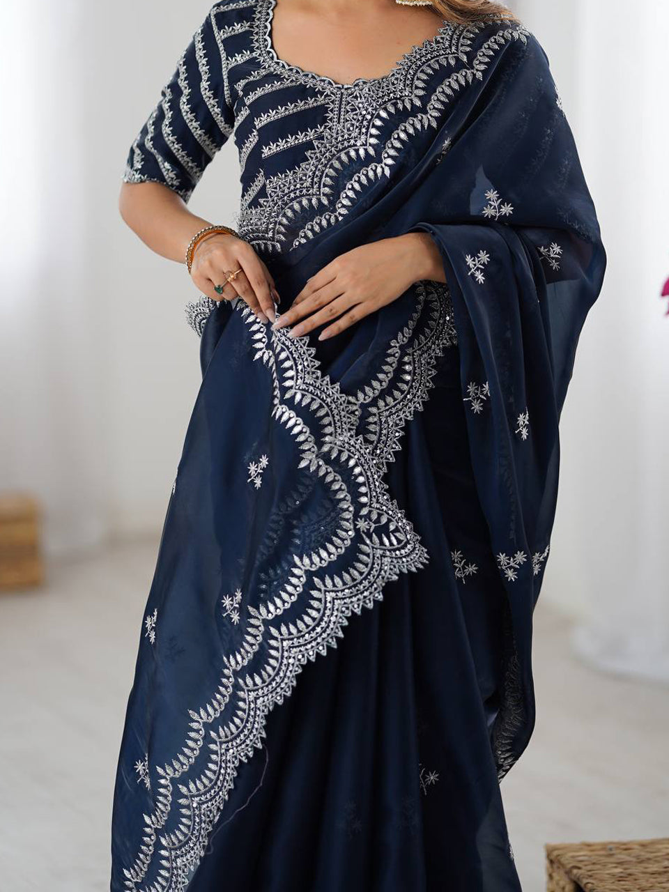 Navy Blue Georgette Saree with White Embroidery and Scalloped Borders