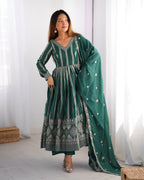 Women's Teal Georgette Gown – Graceful Ethnic Wear for Festive & Party Occasions