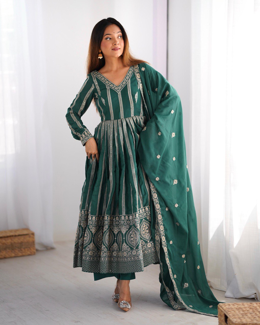 Women's Teal Georgette Gown – Graceful Ethnic Wear for Festive & Party Occasions
