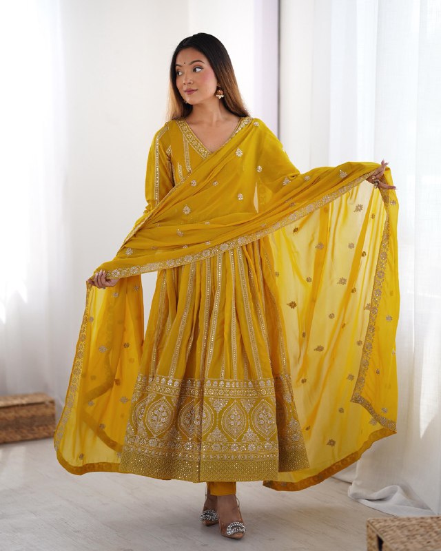 Women's Yellow Georgette Gown – Graceful Ethnic Wear for Festive & Party Occasions