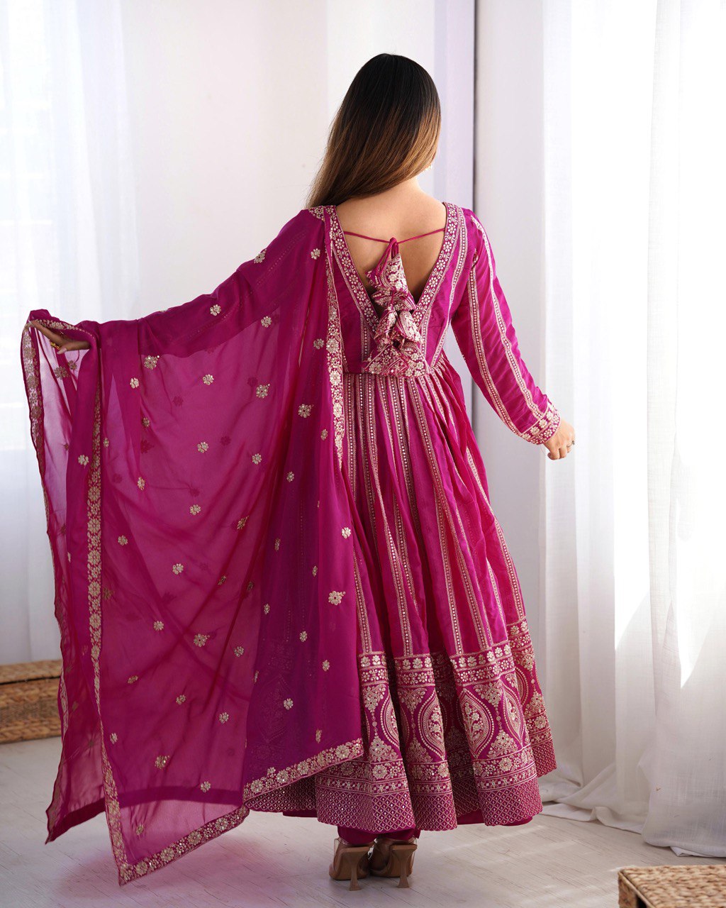Women's Rani Pink Georgette Gown – Graceful Ethnic Wear for Festive & Party Occasions
