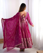 Women's Rani Pink Georgette Gown – Graceful Ethnic Wear for Festive & Party Occasions
