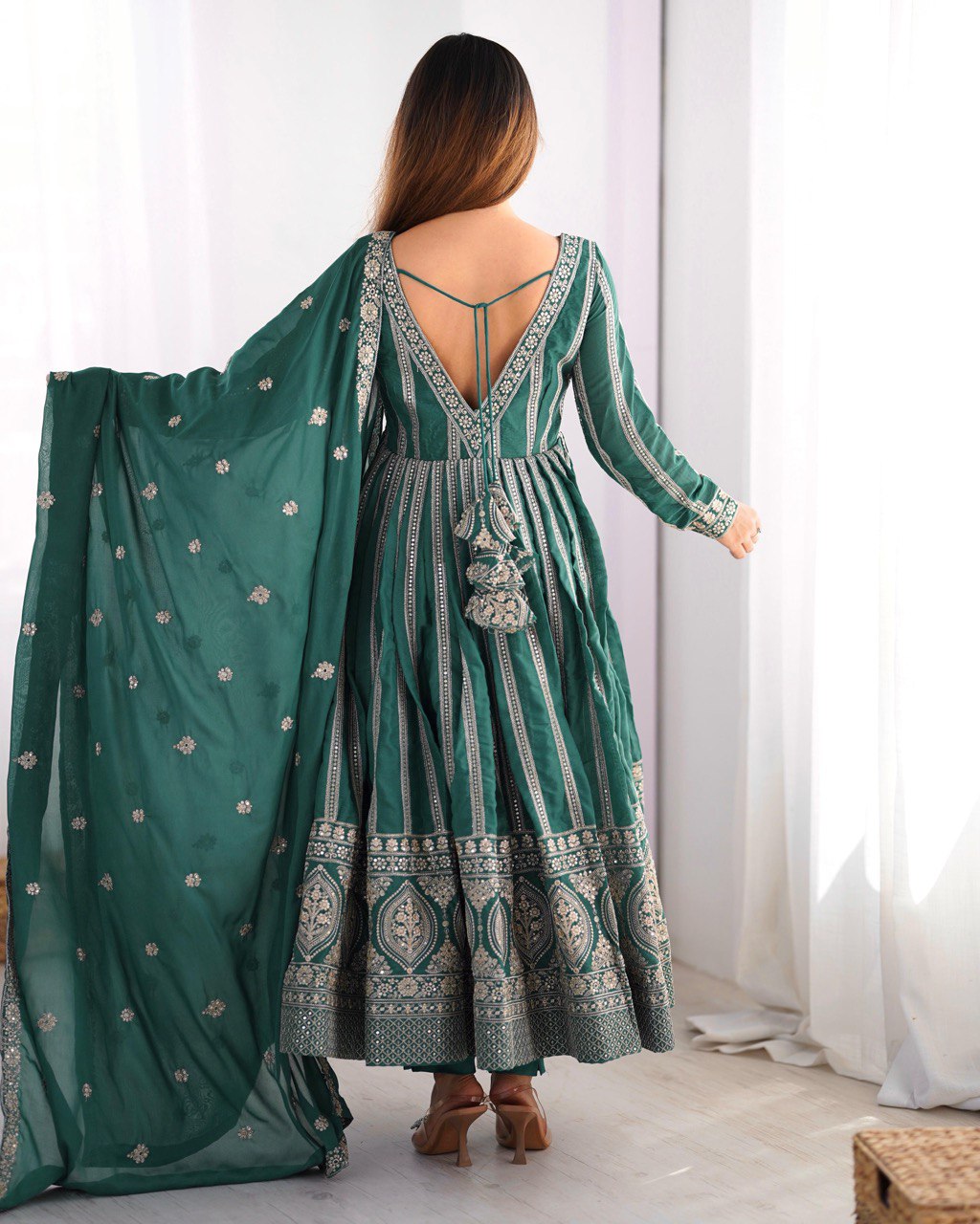 Women's Teal Georgette Gown – Graceful Ethnic Wear for Festive & Party Occasions