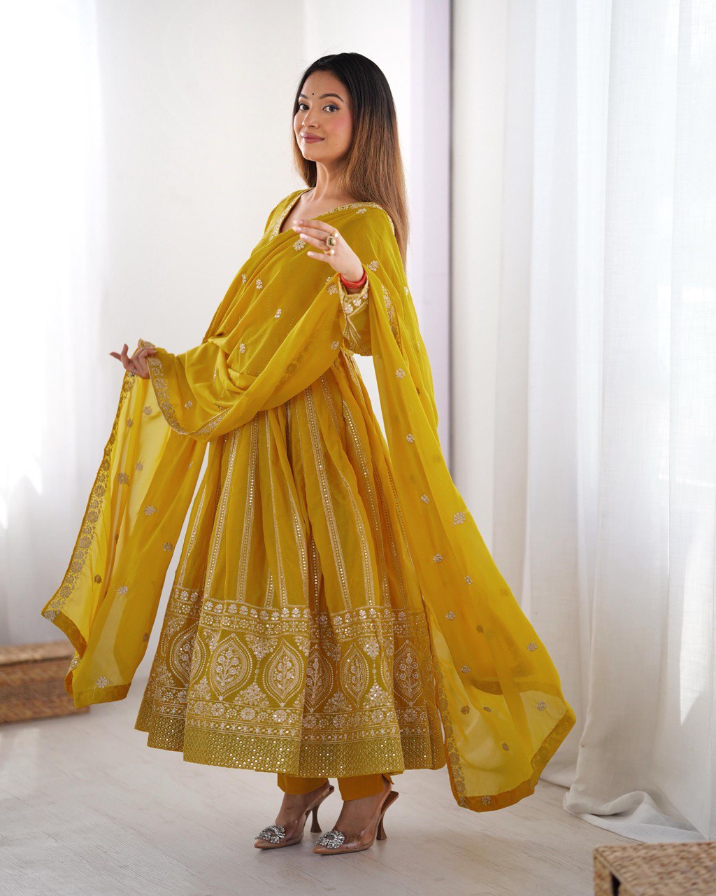 Women's Yellow Georgette Gown – Graceful Ethnic Wear for Festive & Party Occasions