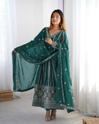Women's Teal Georgette Gown – Graceful Ethnic Wear for Festive & Party Occasions