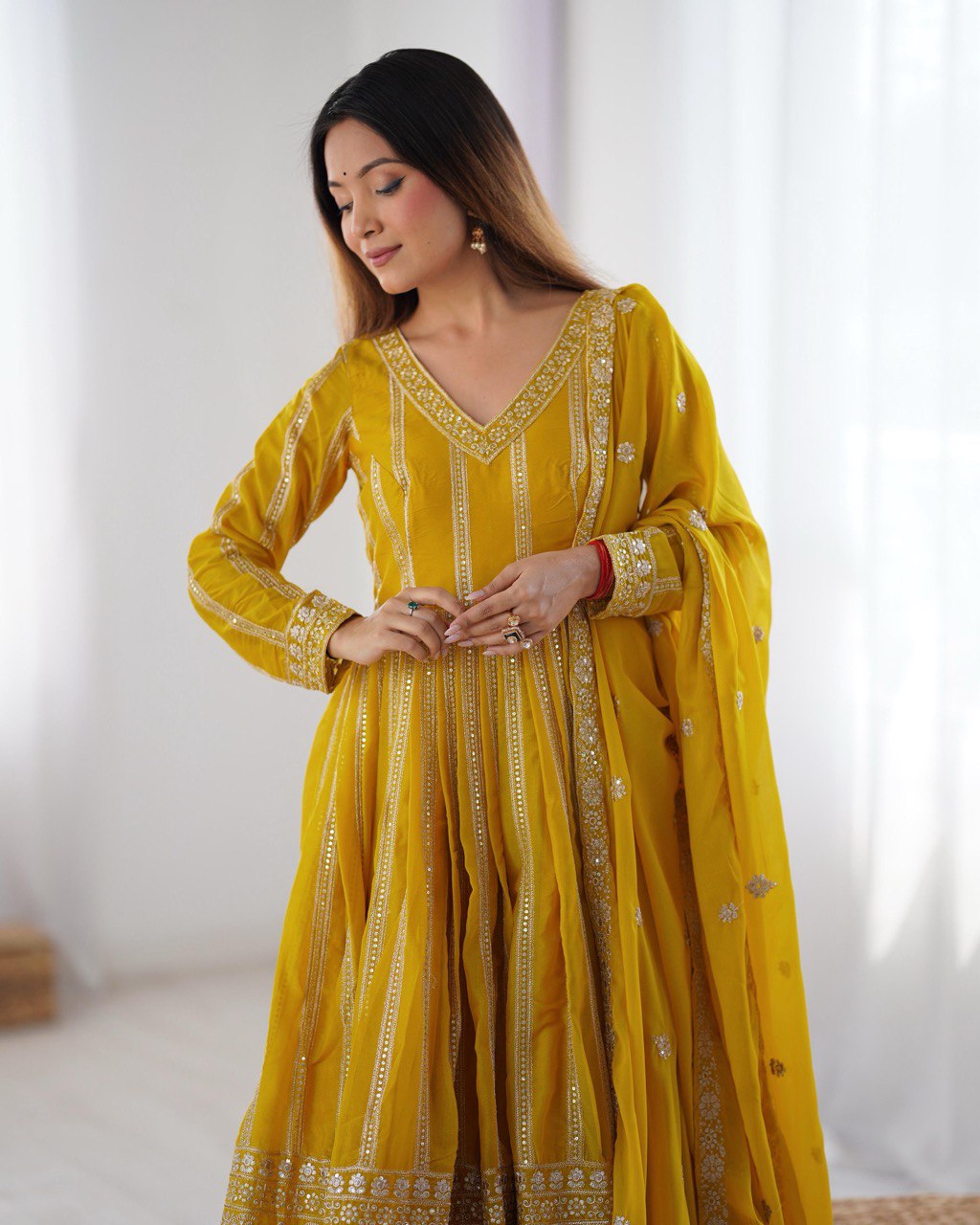 Women's Yellow Georgette Gown – Graceful Ethnic Wear for Festive & Party Occasions