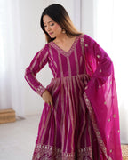 Women's Rani Pink Georgette Gown – Graceful Ethnic Wear for Festive & Party Occasions