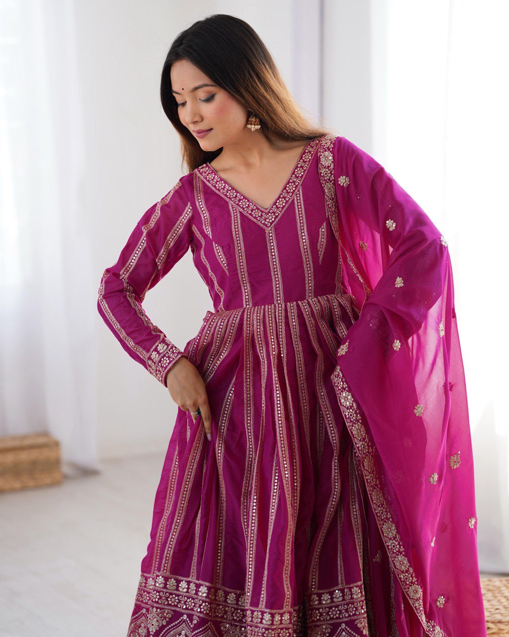 Women's Rani Pink Georgette Gown – Graceful Ethnic Wear for Festive & Party Occasions