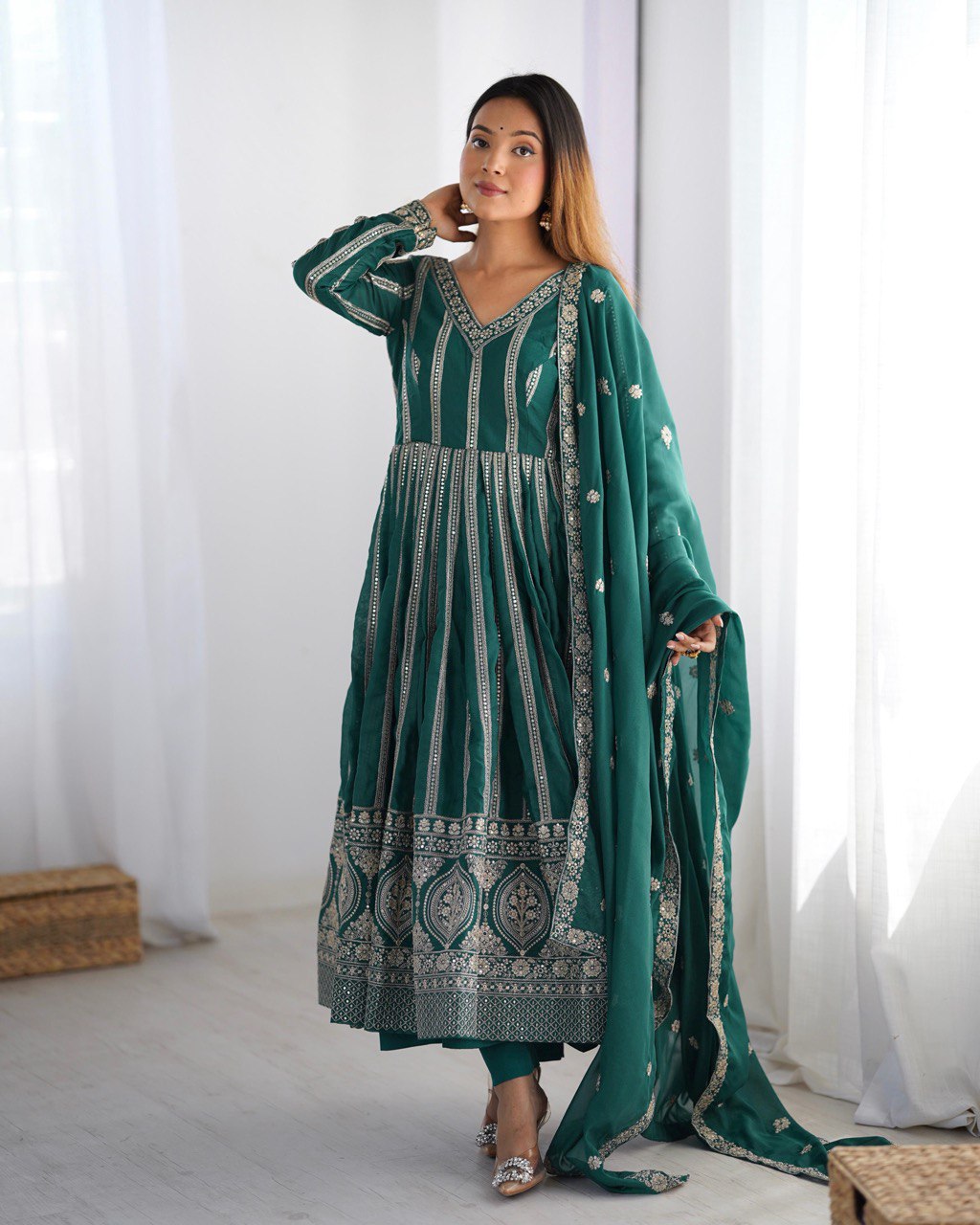 Women's Teal Georgette Gown – Graceful Ethnic Wear for Festive & Party Occasions