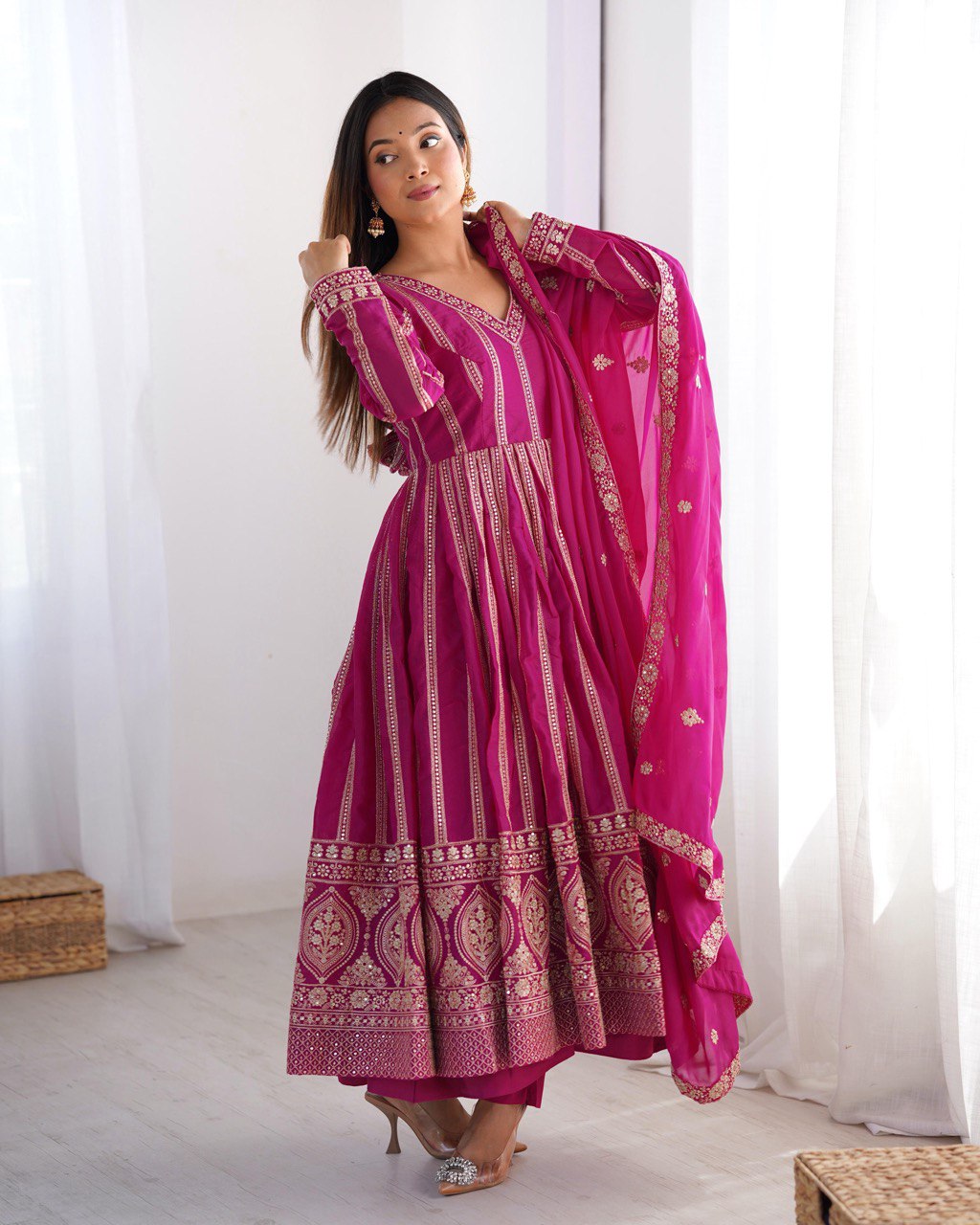 Women's Rani Pink Georgette Gown – Graceful Ethnic Wear for Festive & Party Occasions