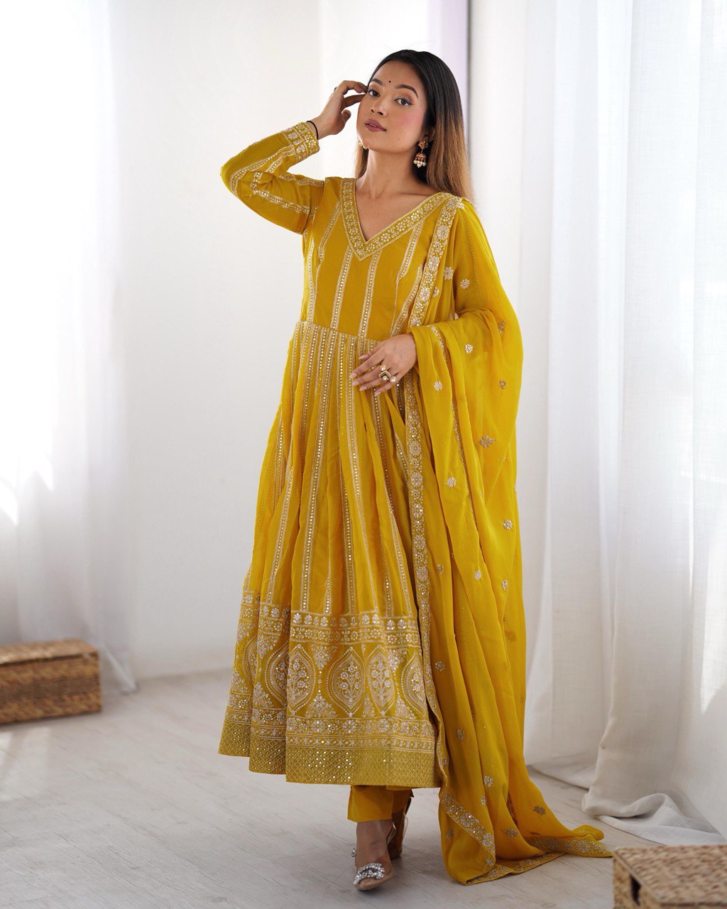 Women's Yellow Georgette Gown – Graceful Ethnic Wear for Festive & Party Occasions