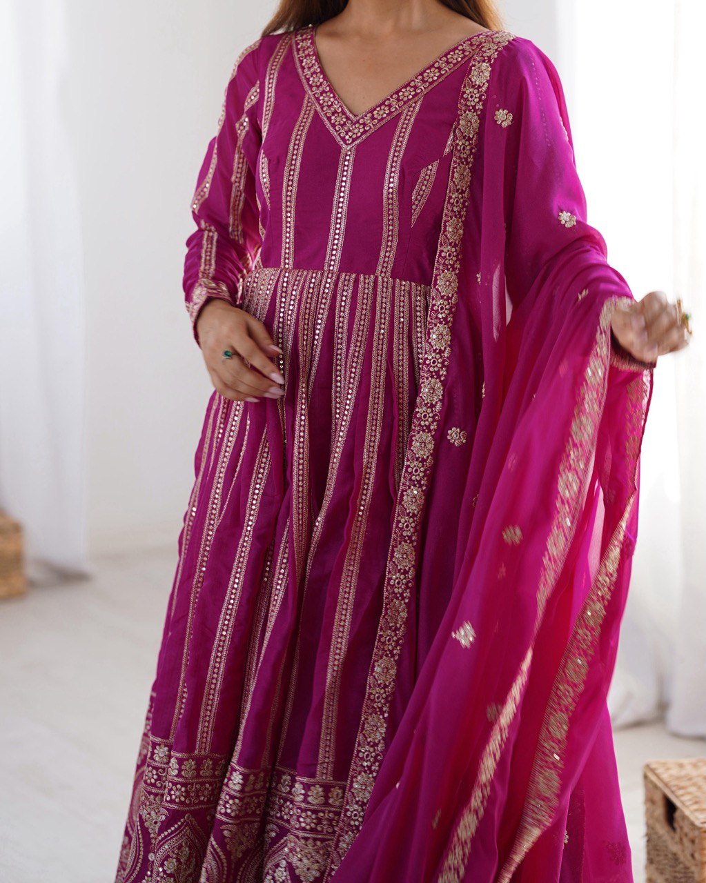 Women's Rani Pink Georgette Gown – Graceful Ethnic Wear for Festive & Party Occasions