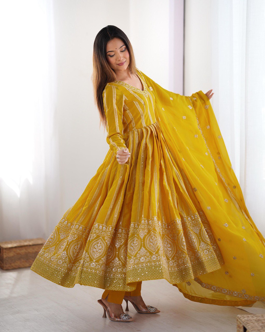 Women's Yellow Georgette Gown – Graceful Ethnic Wear for Festive & Party Occasions