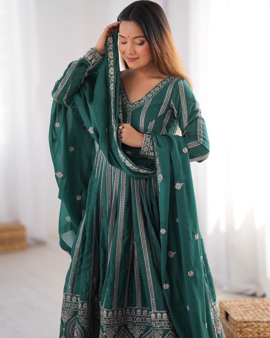 Women's Teal Georgette Gown – Graceful Ethnic Wear for Festive & Party Occasions
