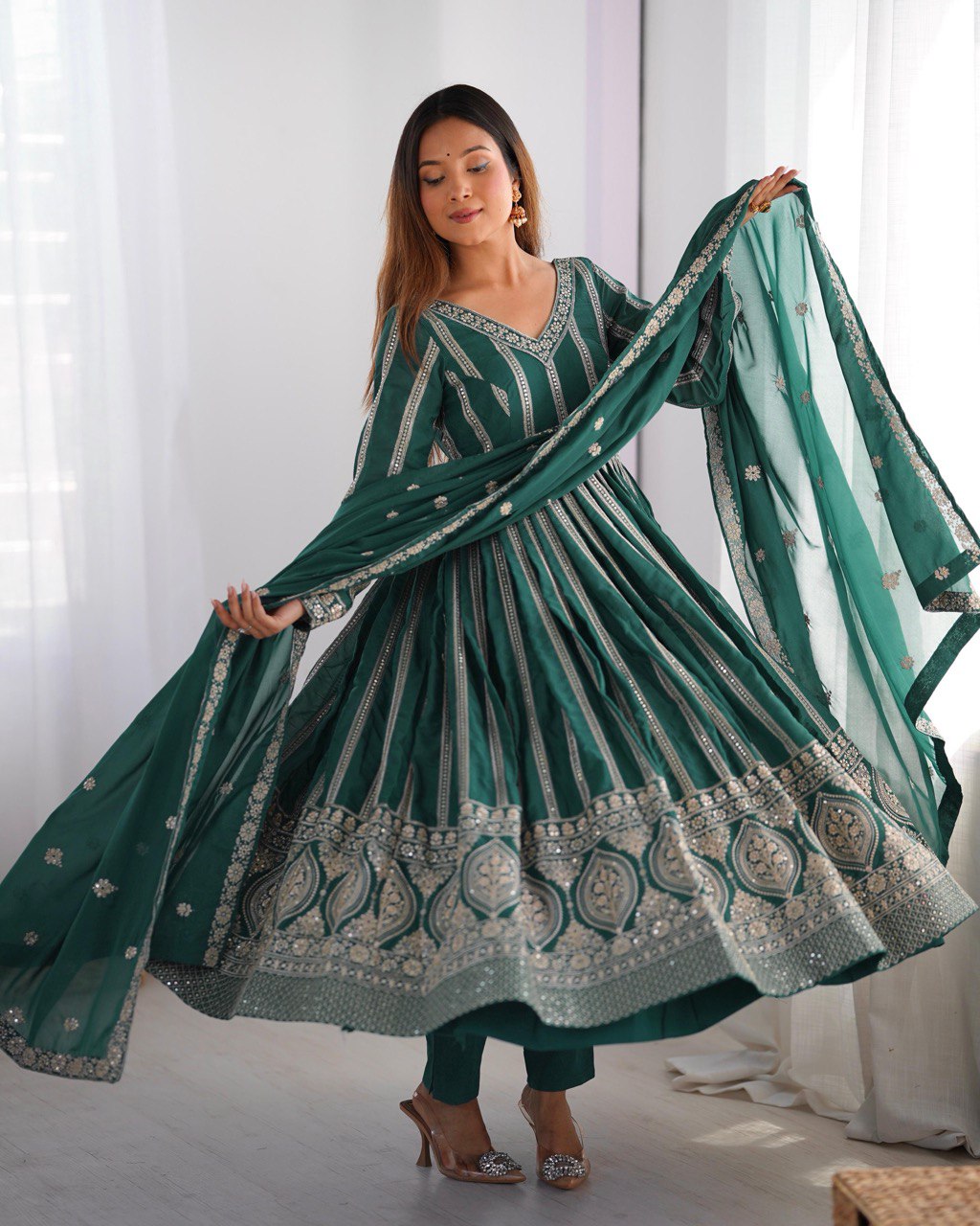 Women's Teal Georgette Gown – Graceful Ethnic Wear for Festive & Party Occasions