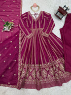 Women's Rani Pink Georgette Gown – Graceful Ethnic Wear for Festive & Party Occasions