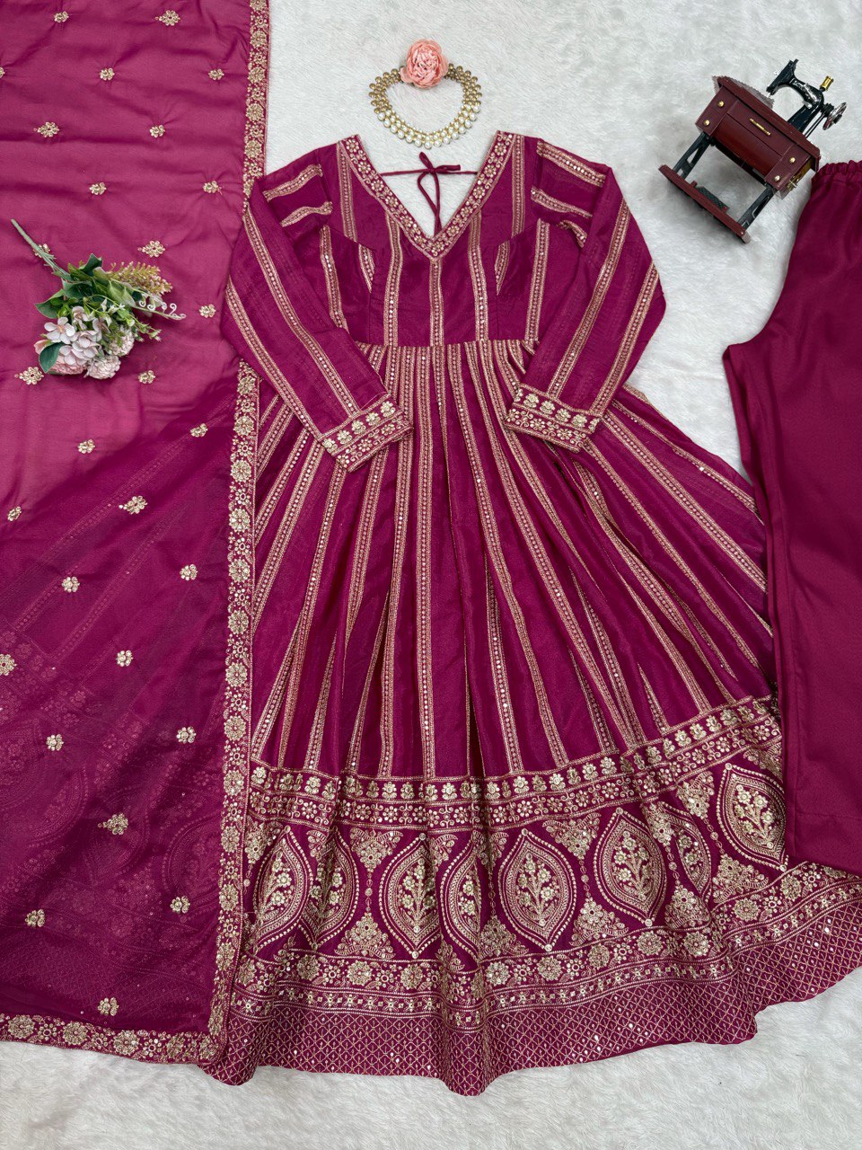 Women's Rani Pink Georgette Gown – Graceful Ethnic Wear for Festive & Party Occasions