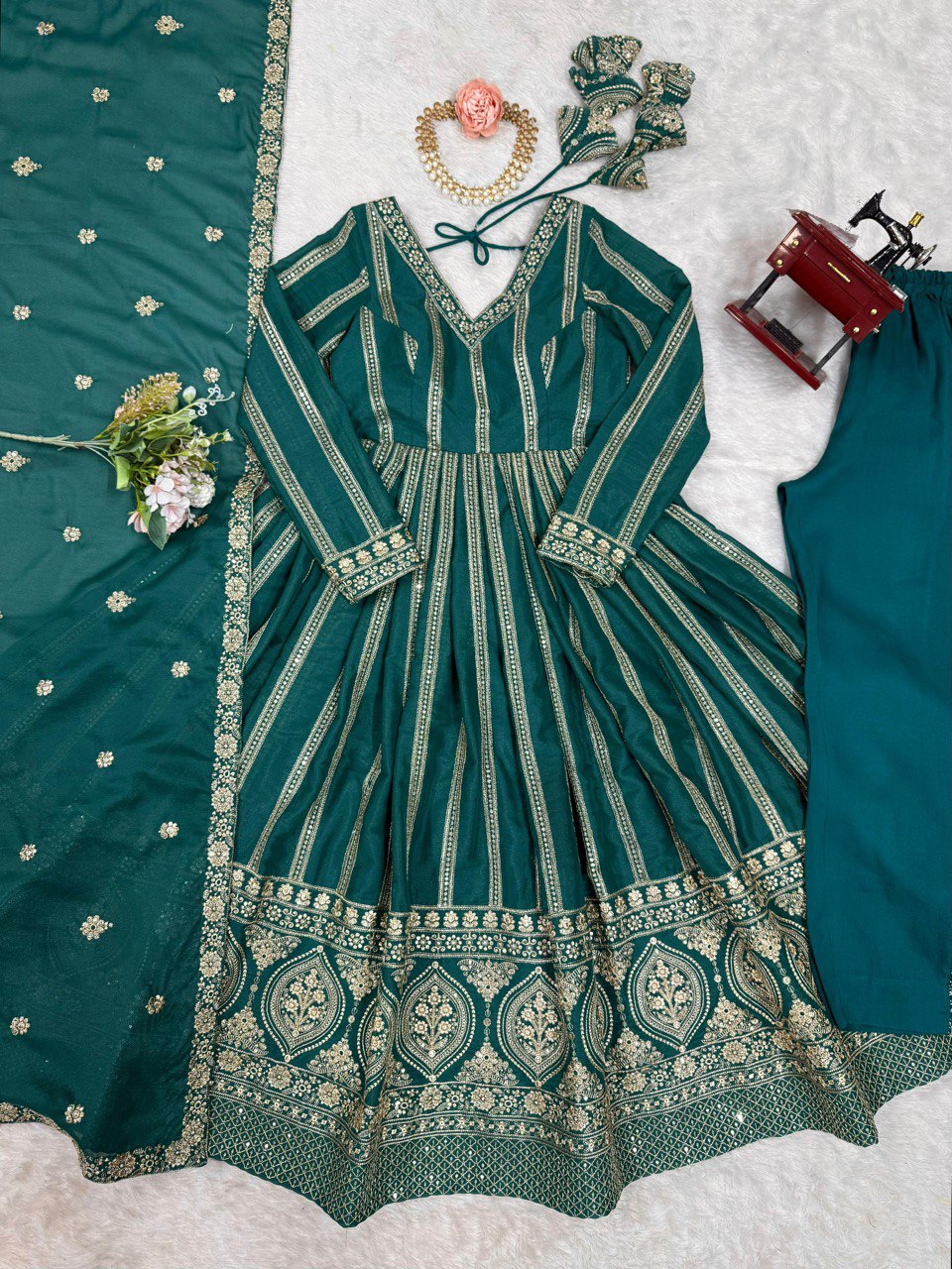 Women's Teal Georgette Gown – Graceful Ethnic Wear for Festive & Party Occasions