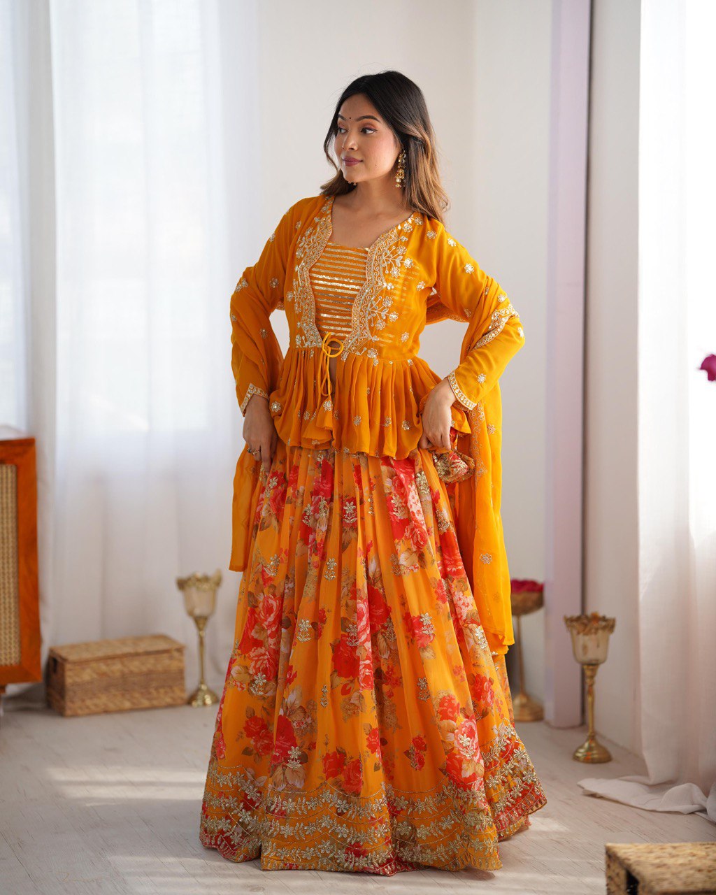 Women’s Yellow Designer Lehenga Choli – Thread Work, Sequins & Digital Print Detailing Semi-Stitched