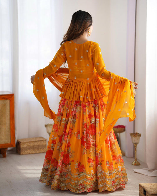 Women’s Yellow Designer Lehenga Choli – Thread Work, Sequins & Digital Print Detailing Semi-Stitched