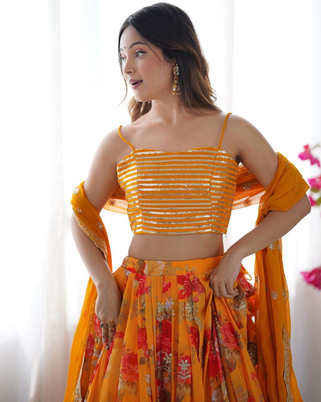 Women’s Yellow Designer Lehenga Choli – Thread Work, Sequins & Digital Print Detailing Semi-Stitched