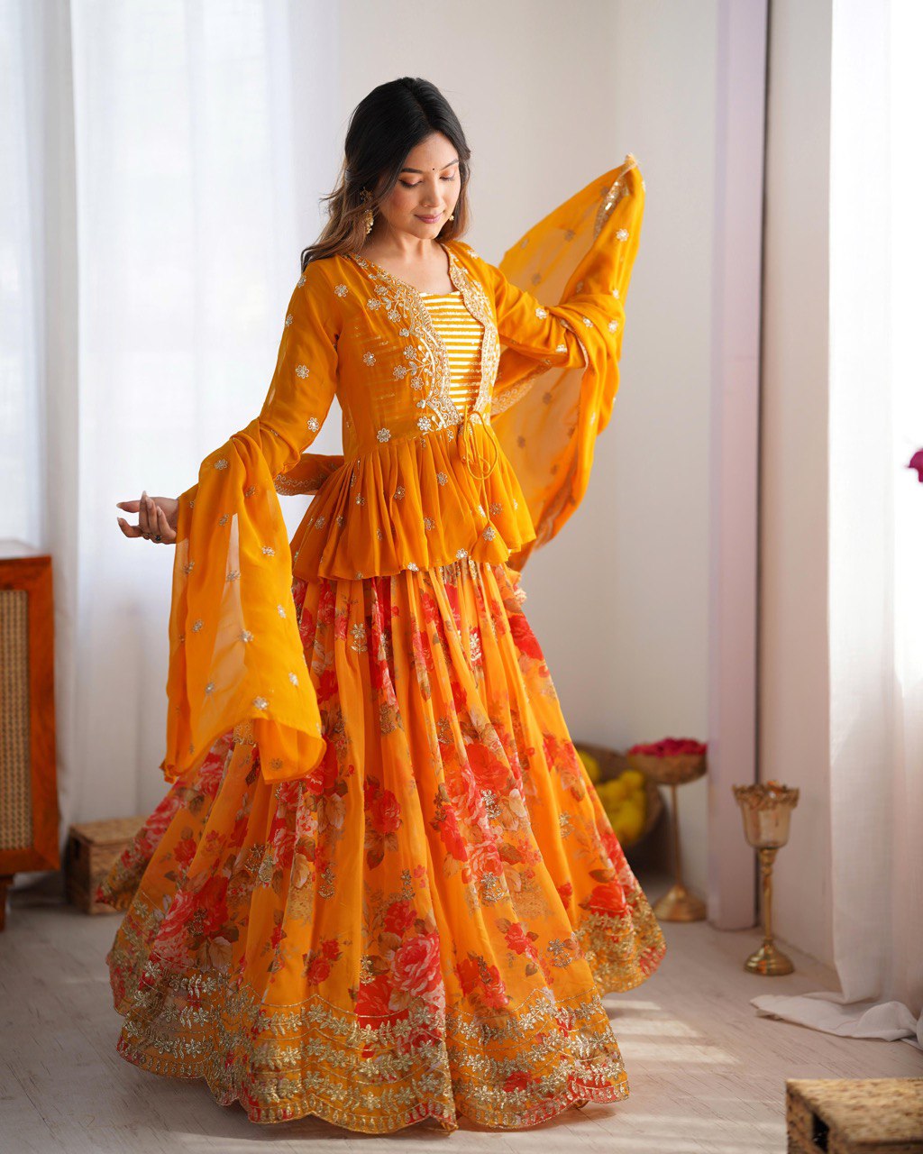 Women’s Yellow Designer Lehenga Choli – Thread Work, Sequins & Digital Print Detailing Semi-Stitched