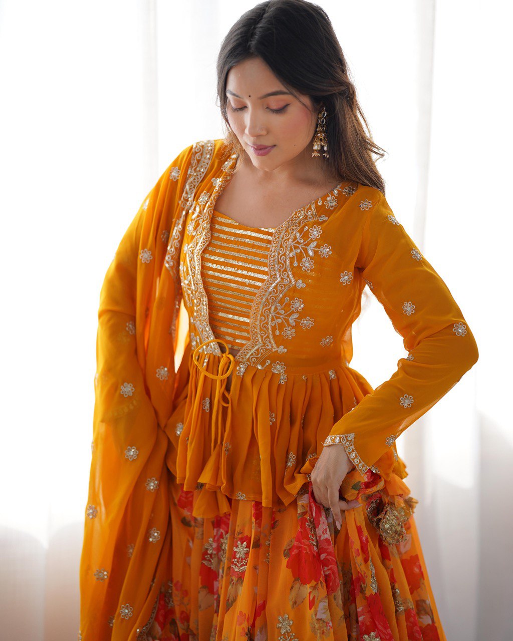 Women’s Yellow Designer Lehenga Choli – Thread Work, Sequins & Digital Print Detailing Semi-Stitched