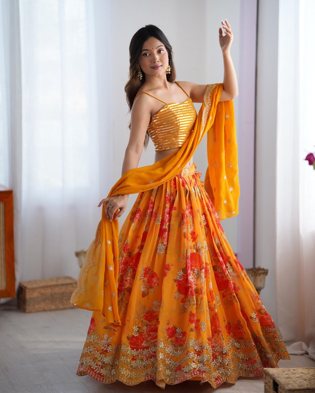 Women’s Yellow Designer Lehenga Choli – Thread Work, Sequins & Digital Print Detailing Semi-Stitched