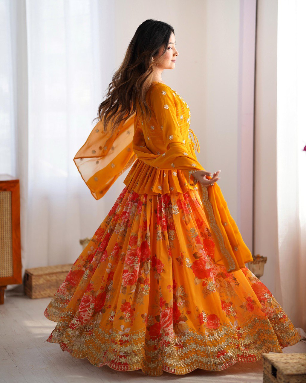Women’s Yellow Designer Lehenga Choli – Thread Work, Sequins & Digital Print Detailing Semi-Stitched