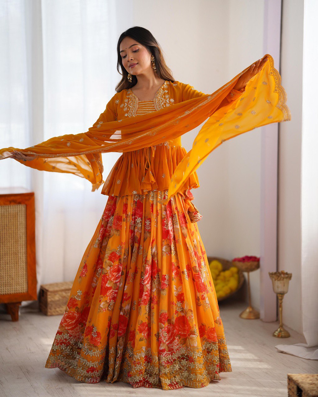 Women’s Yellow Designer Lehenga Choli – Thread Work, Sequins & Digital Print Detailing Semi-Stitched