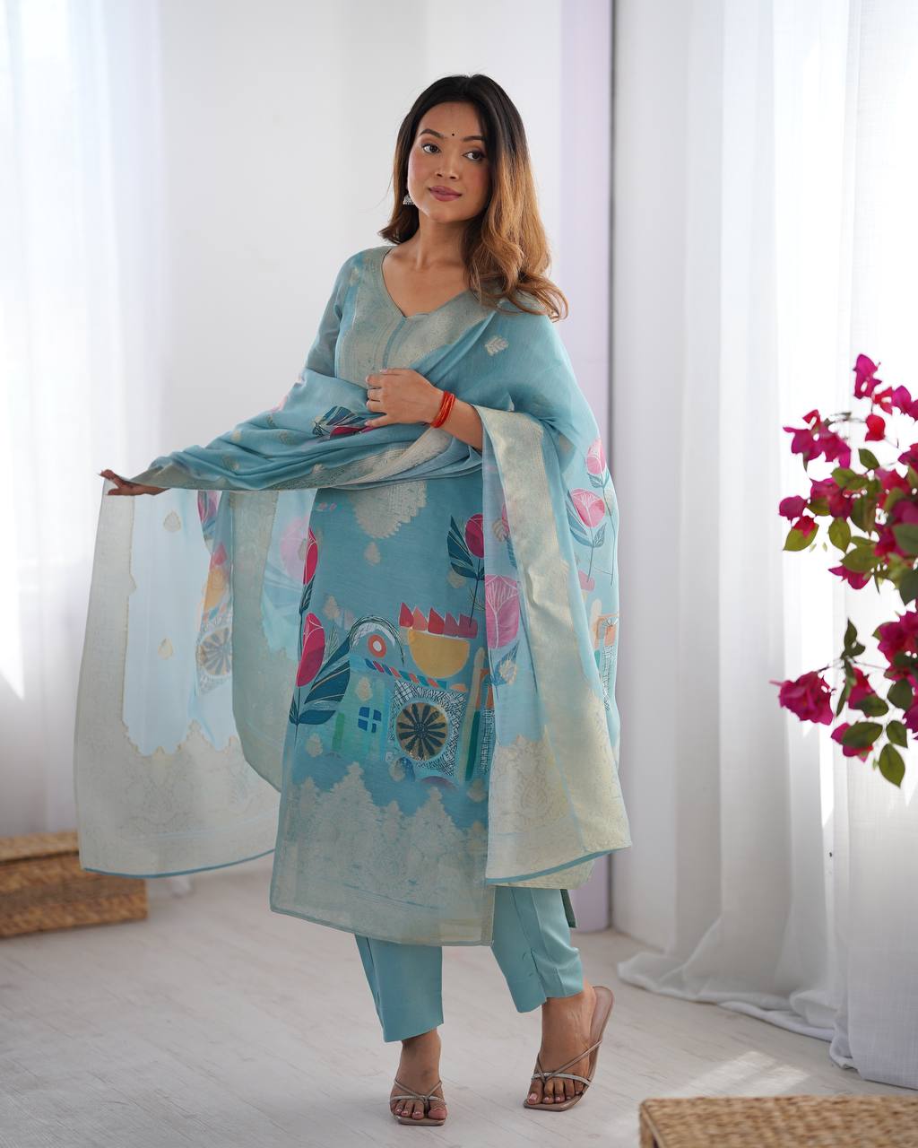 Women’s Sky Blue Chanderi Kurta Set – Regal Ethnic Wear for Festive & Traditional Occasions