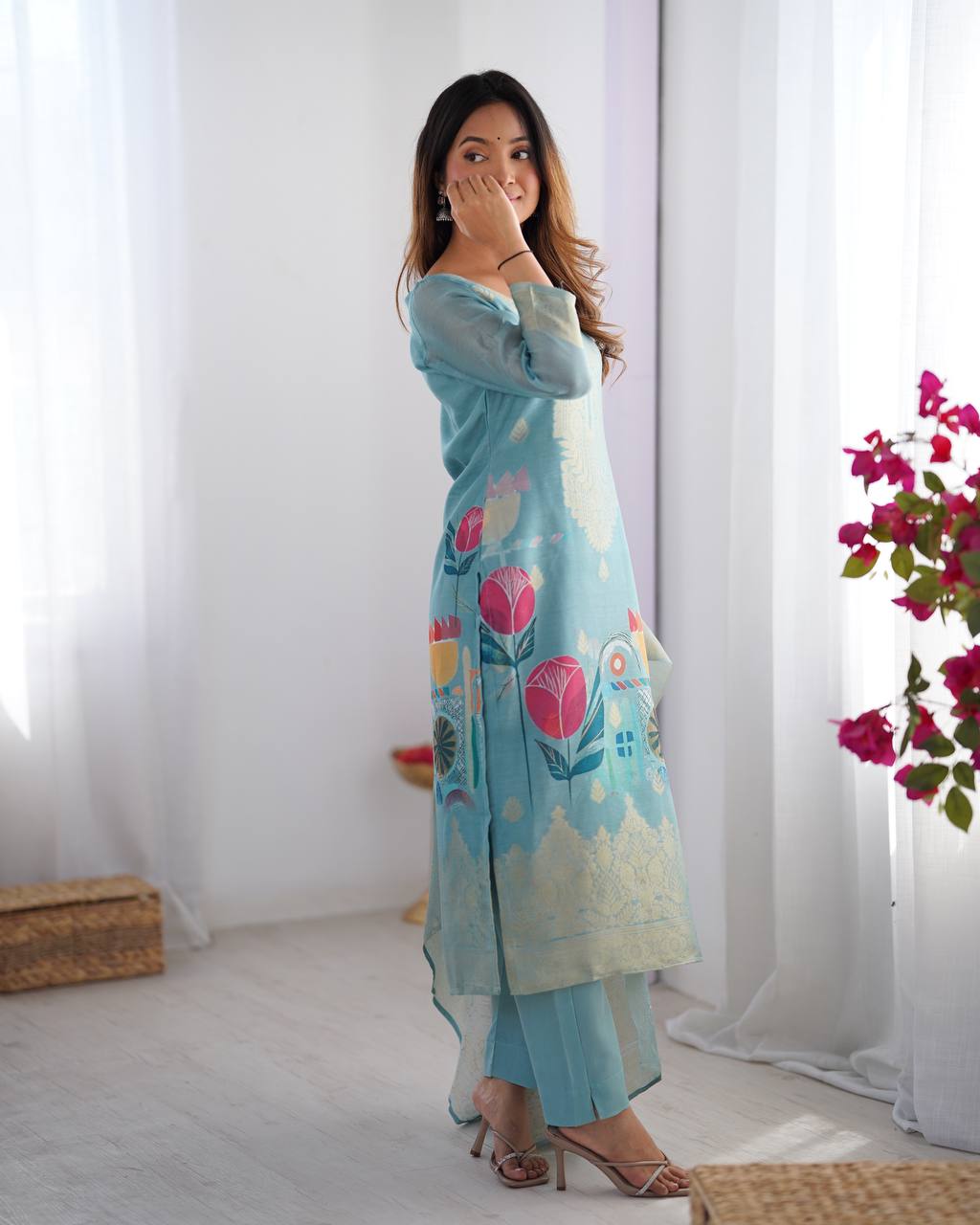 Women’s Sky Blue Chanderi Kurta Set – Regal Ethnic Wear for Festive & Traditional Occasions