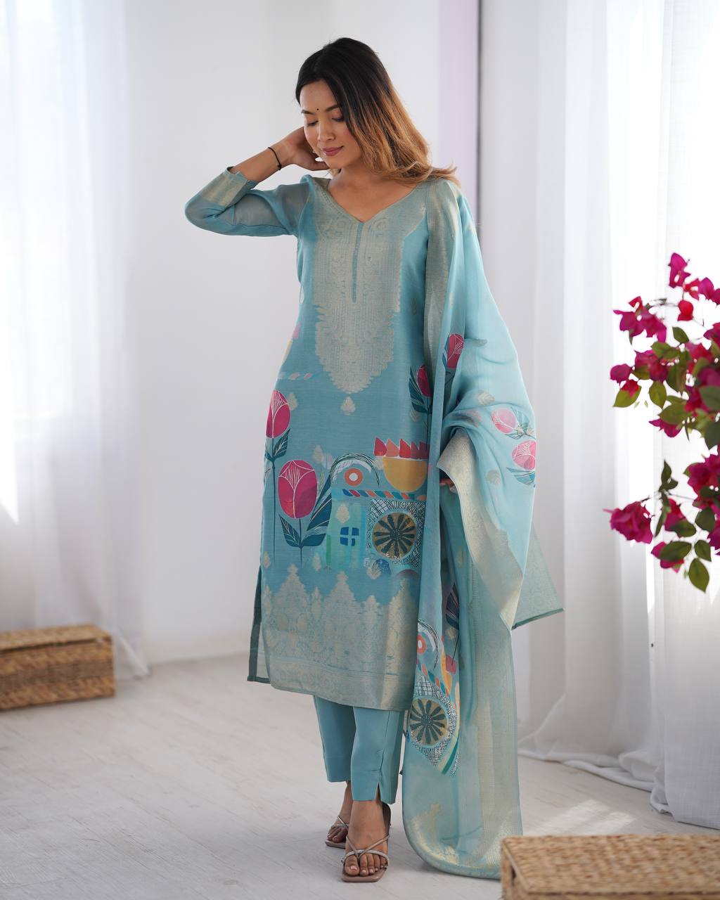 Women’s Sky Blue Chanderi Kurta Set – Regal Ethnic Wear for Festive & Traditional Occasions