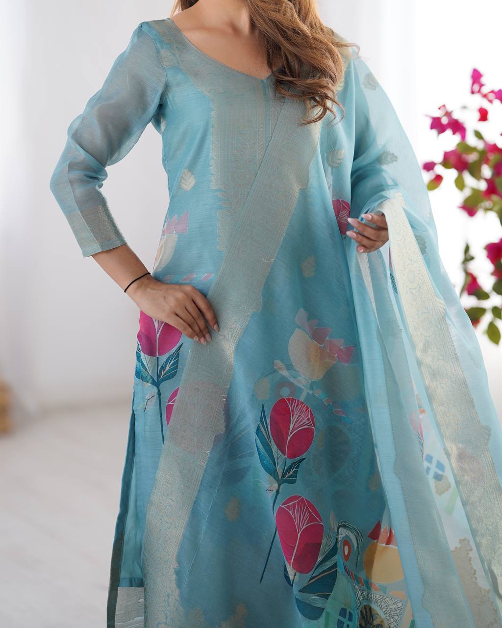 Women’s Sky Blue Chanderi Kurta Set – Regal Ethnic Wear for Festive & Traditional Occasions